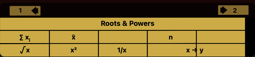 MagnetCard cue card titled Roots and Powers, with per-key labels on both the A′–E′ and A–E rows, including a merged x → y span