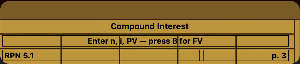 CueCard titled Compound Interest, with a centered, boxed Row1 instruction line and left-aligned Row2 / right-aligned Row2R text below it