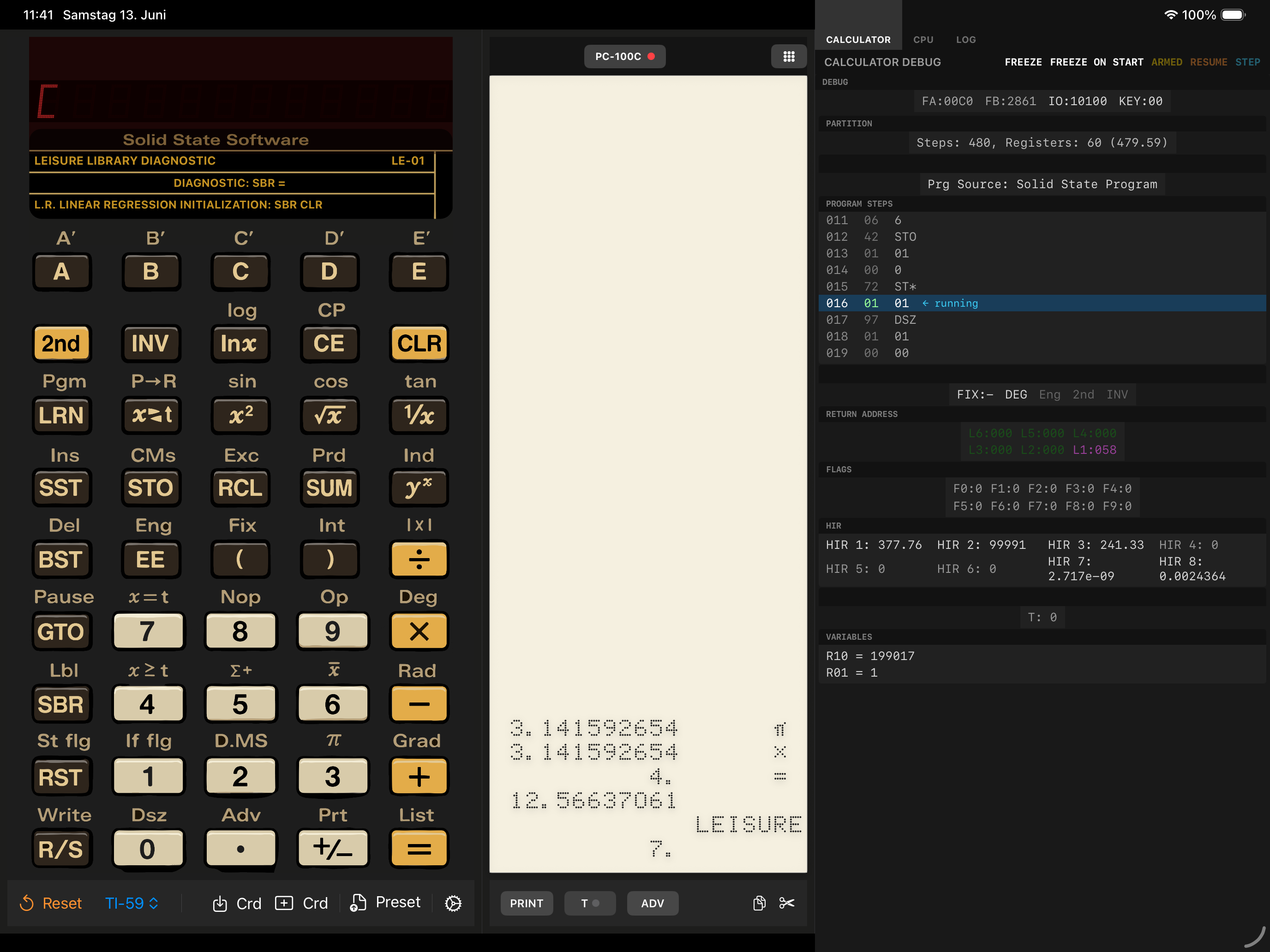 iPad screenshot showing the CALCULATOR debug tab