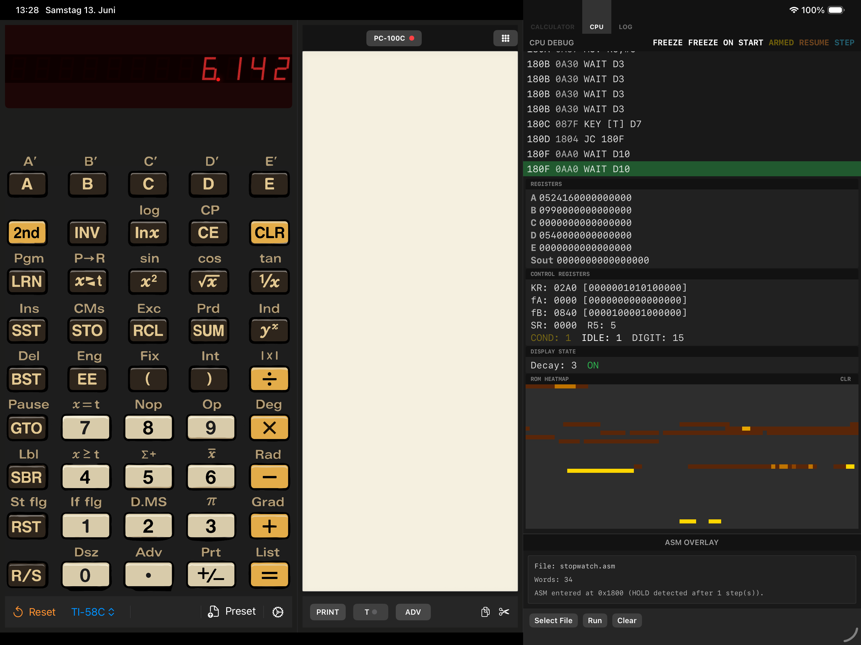 iPad screenshot showing the CPU debug tab with execution trace