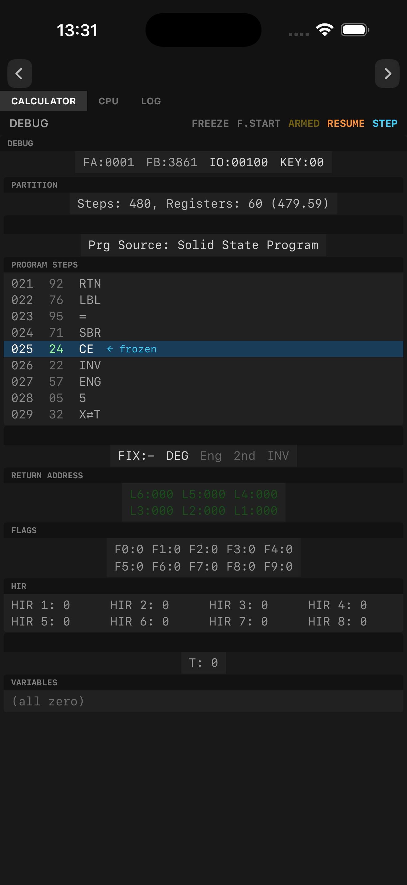 iPhone screenshot showing the CALCULATOR debug tab with program listing and registers